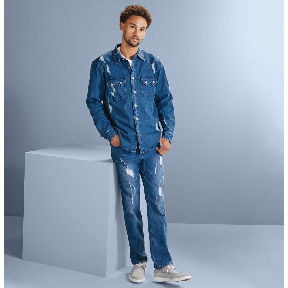 Stacy Adams Men's Destructed Denim Set Long sleeve & Jeans Size 4X 44X32